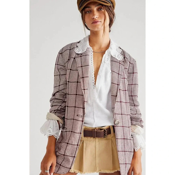 We The Free Fp  Houndstooth Beckett Boyfriend Linen Blazer NWOT - Picture 3 of 9